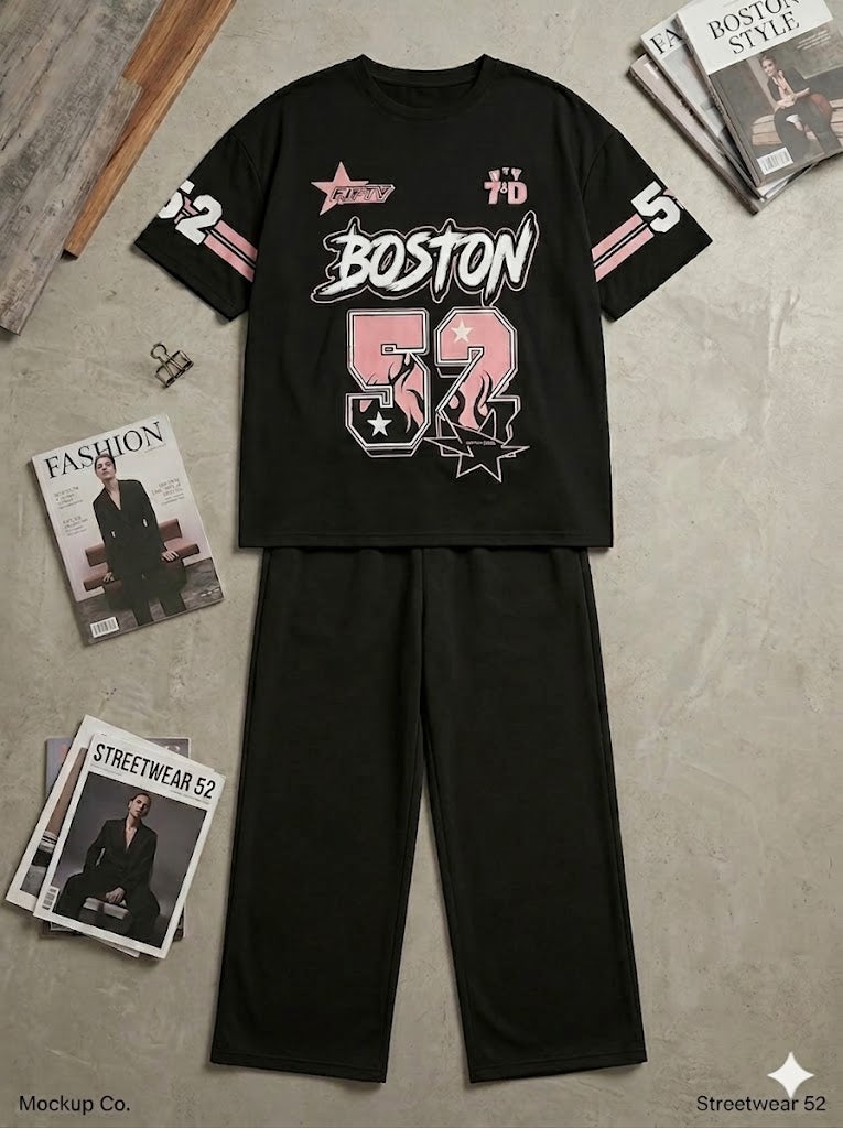 Black Boston 52 Graphic Oversized Streetwear Co-Ord Set