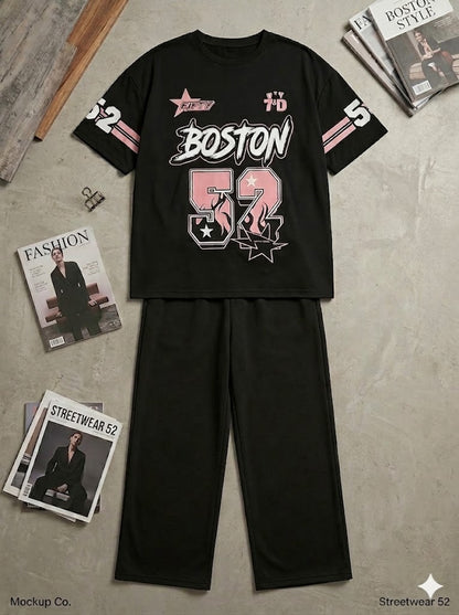 Black Boston 52 Graphic Oversized Streetwear Co-Ord Set