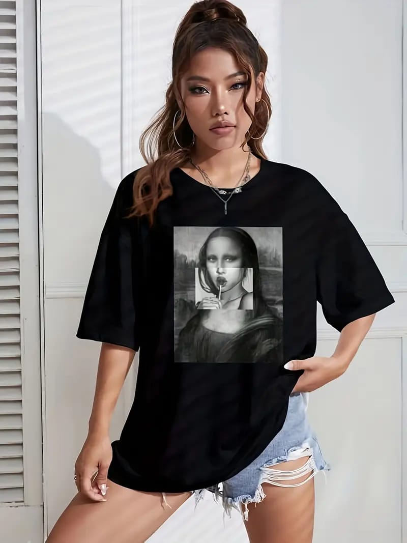 Women's  Black Oversized Drop Shoulder Graphic T-Shirt – Mona Lisa Pop Art Print