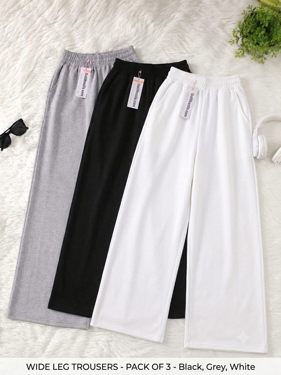 Bundle of 3 Premium Fine Quality Wide Leg Trousers for Women | GREY,BLACK,WHITE Casual Comfort Collection