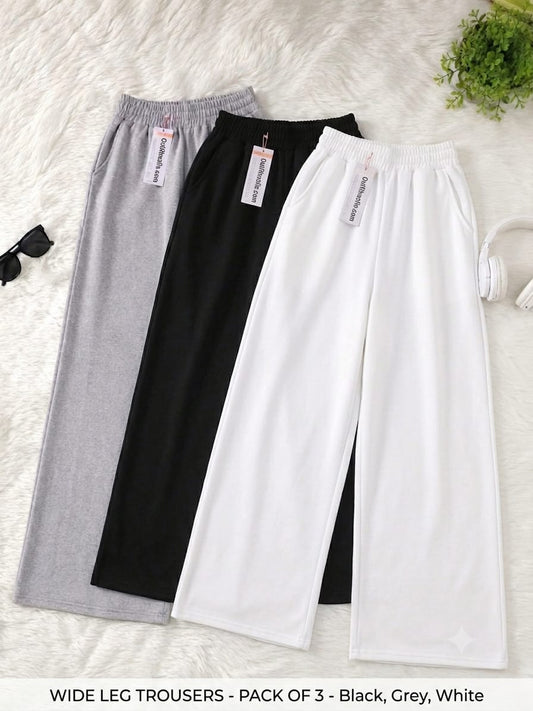 Bundle of 3 Premium Fine Quality Wide Leg Trousers for Women | GREY,BLACK,WHITE Casual Comfort Collection