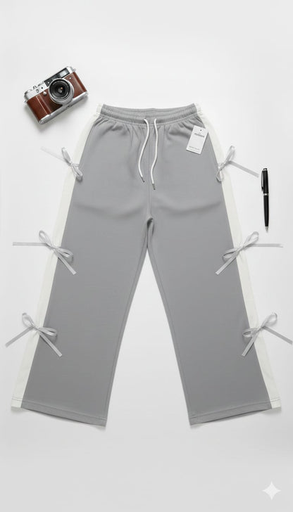 Chic Grey Wide-Leg Trousers with Side Ribbon Detail