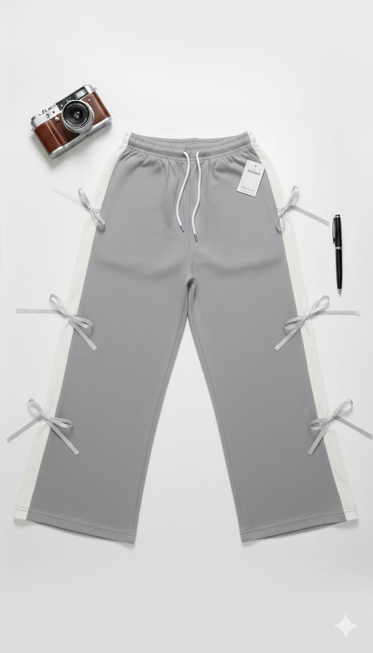 Chic Grey Wide-Leg Trousers with Side Ribbon Detail