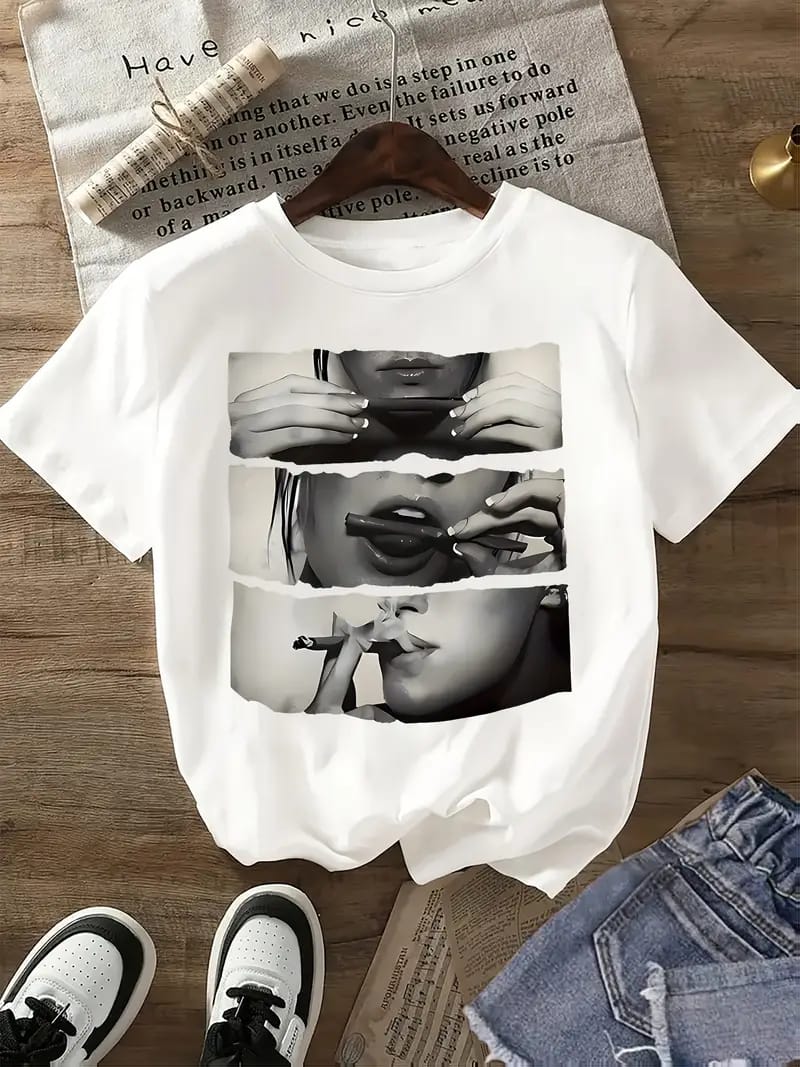 Women's Drop Shoulder Graphic Tee – Smoking Lips Print