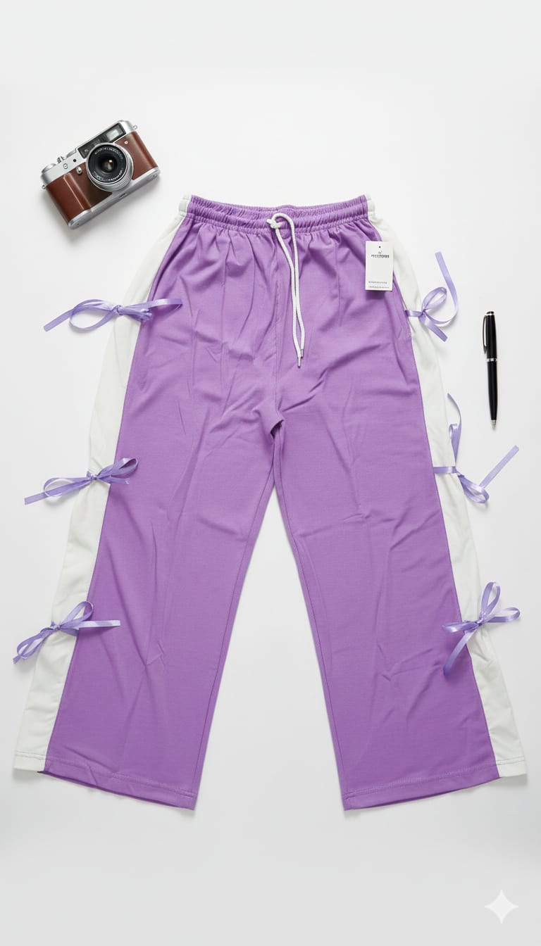 Chic Lilac Wide-Leg Trousers with Side Ribbon Detail