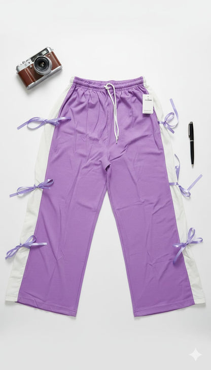 Chic Lilac Wide-Leg Trousers with Side Ribbon Detail