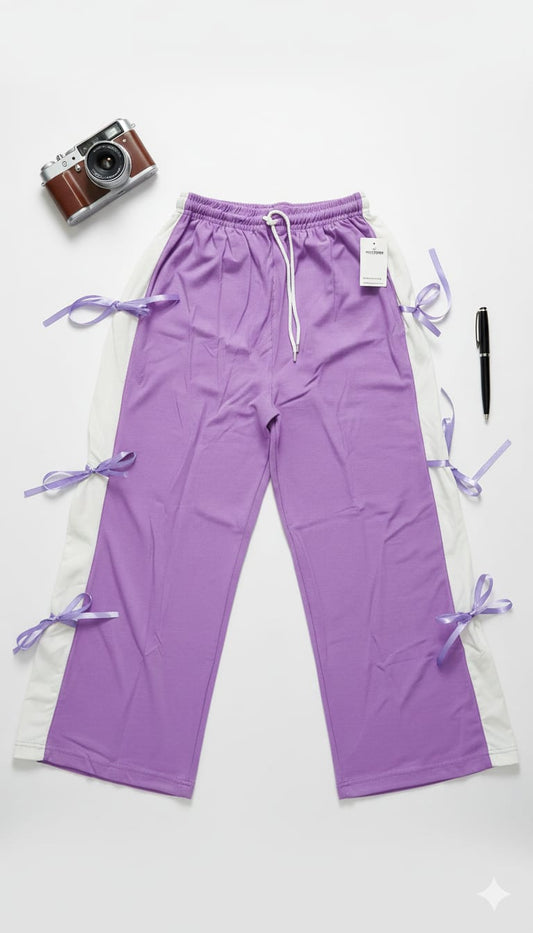 Chic Lilac Wide-Leg Trousers with Side Ribbon Detail
