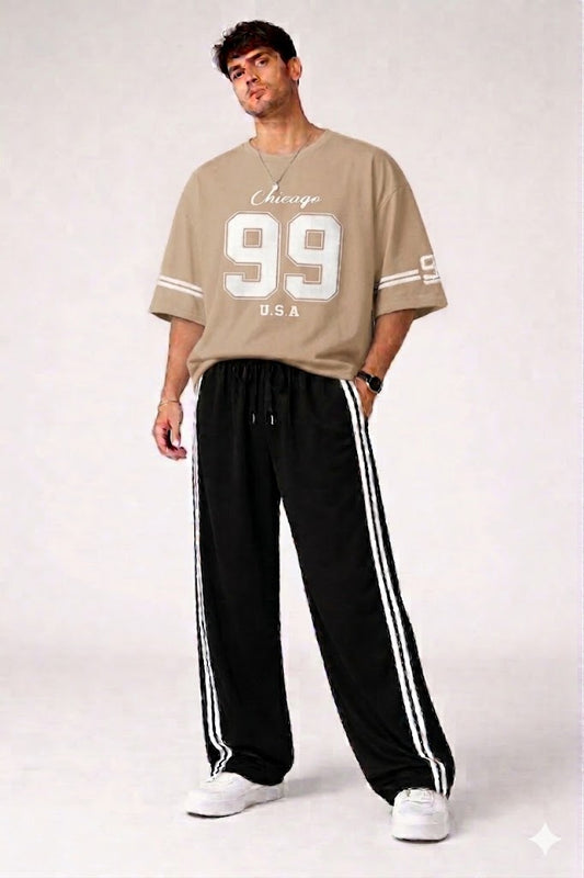 BEIGE VARSITY CHICAGO 99 OVERSZIED TEE WITH BLACK STRIPES BAGGY TROUSER  TRACK SET