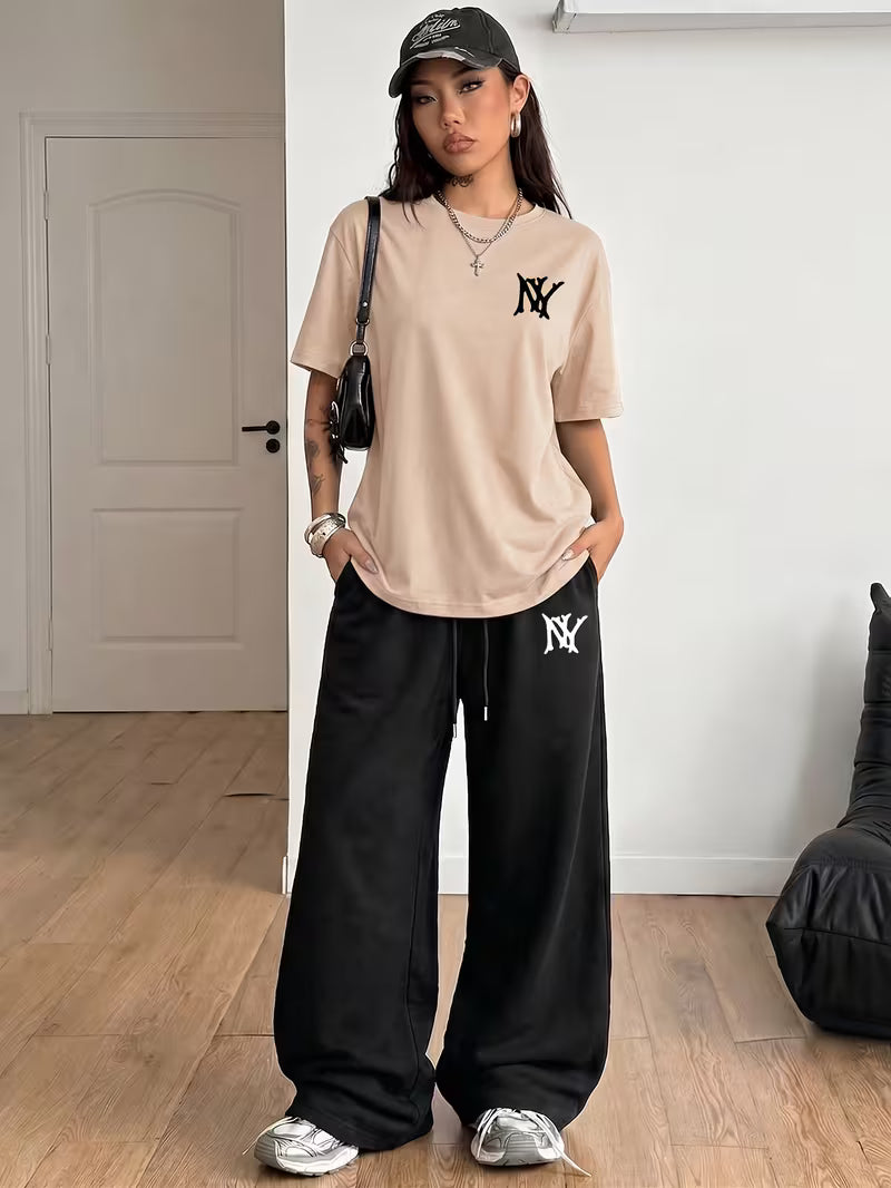 Beige "NY" Graphic Printed Oversized Tee & Black Wide-Leg Trouser Co-ord Set