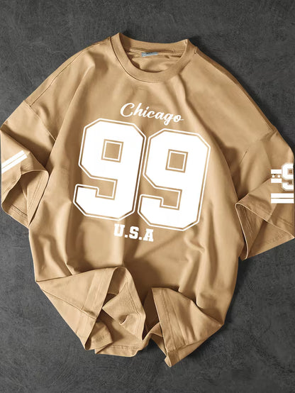 Urban Pulse Beige Oversized Graphic Tee – "Chicago 99" Streetwear Drop-Shoulder T-Shirt