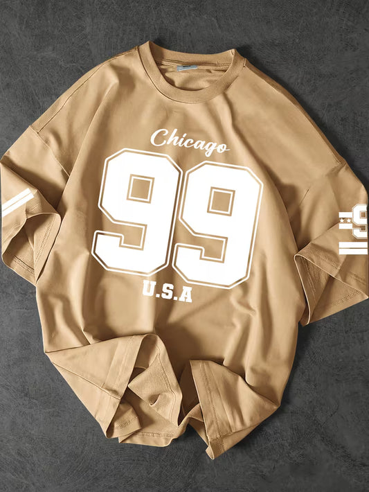 Urban Pulse Beige Oversized Graphic Tee – "Chicago 99" Streetwear Drop-Shoulder T-Shirt