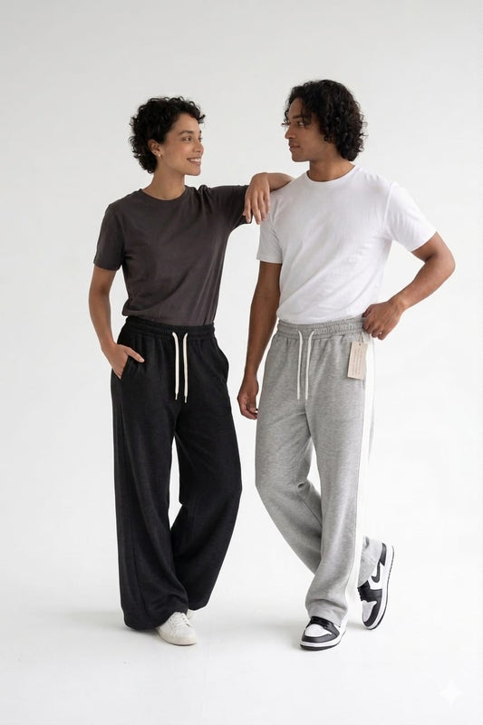 BUNDLE OF 2 - BLACK  WIDE LEG BAGGY TROUSER & GREY  WHITE PANEL WIDE LEG TROUSER