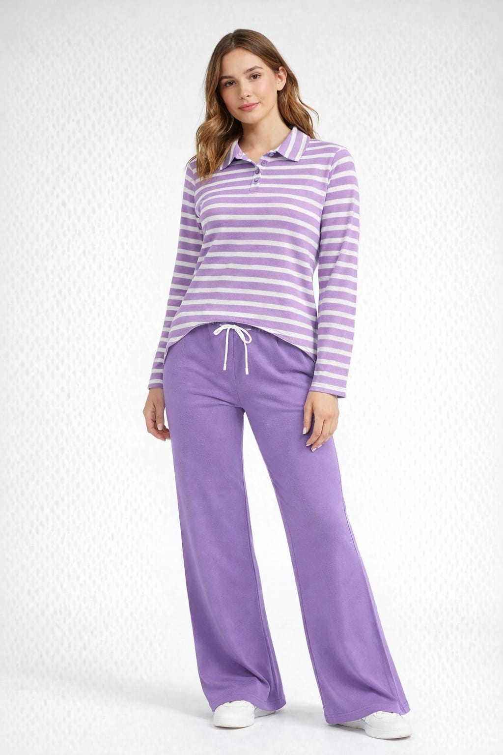 Lilac Stripe Polo Full Sleeves Top  & Lilac Flared Trouser Co-Ord Lounge Set