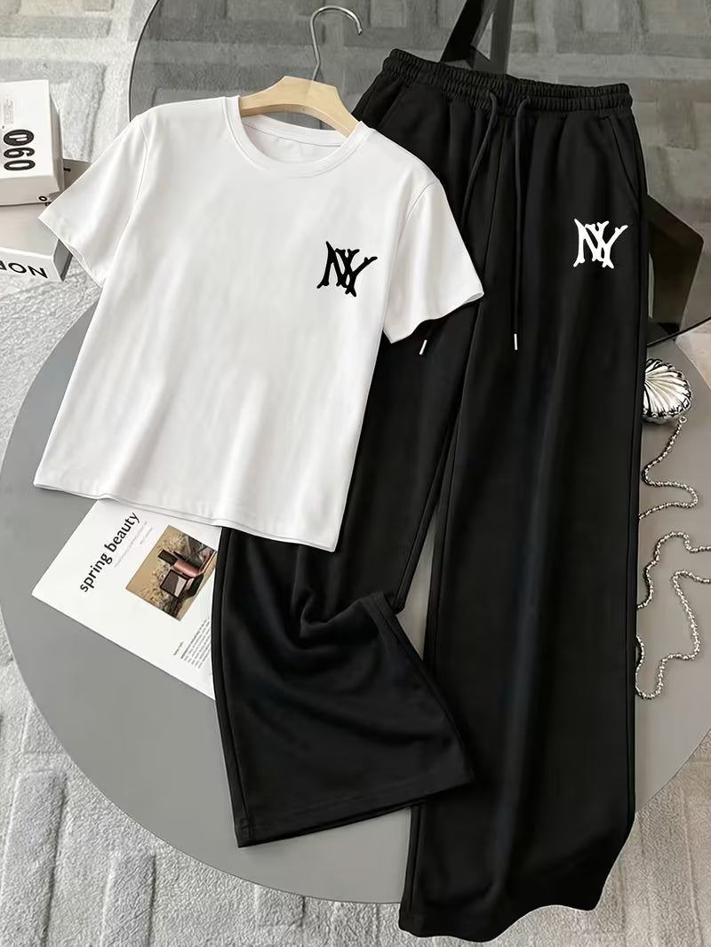 White "NY" Graphic Printed Oversized Tee & Black Wide-Leg Trouser Co-ord Set