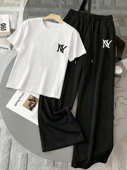 White "NY" Graphic Printed Oversized Tee & Black Wide-Leg Trouser Co-ord Set