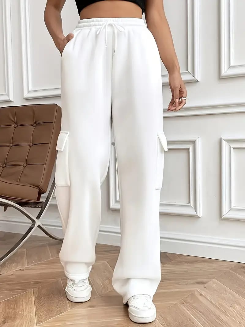 Wide Leg Cargo Trousers – Black, White, Red, Pink, Grey, Lime Green, Lilac, Beige.