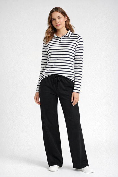 White & Black Stripe Polo Full Sleeves Top  & Black Flared Trouser Co-Ord Lounge Set