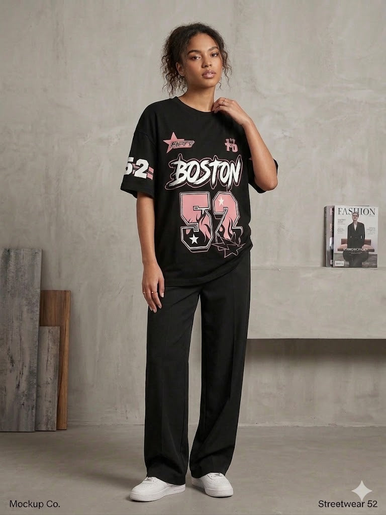 Black Boston 52 Graphic Oversized Streetwear Co-Ord Set