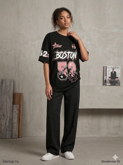 Black Boston 52 Graphic Oversized Streetwear Co-Ord Set