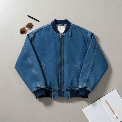 [Modern Edge] Denim Oversized Drop Shoulder Bomber Jacket - Vintage Wash Blue