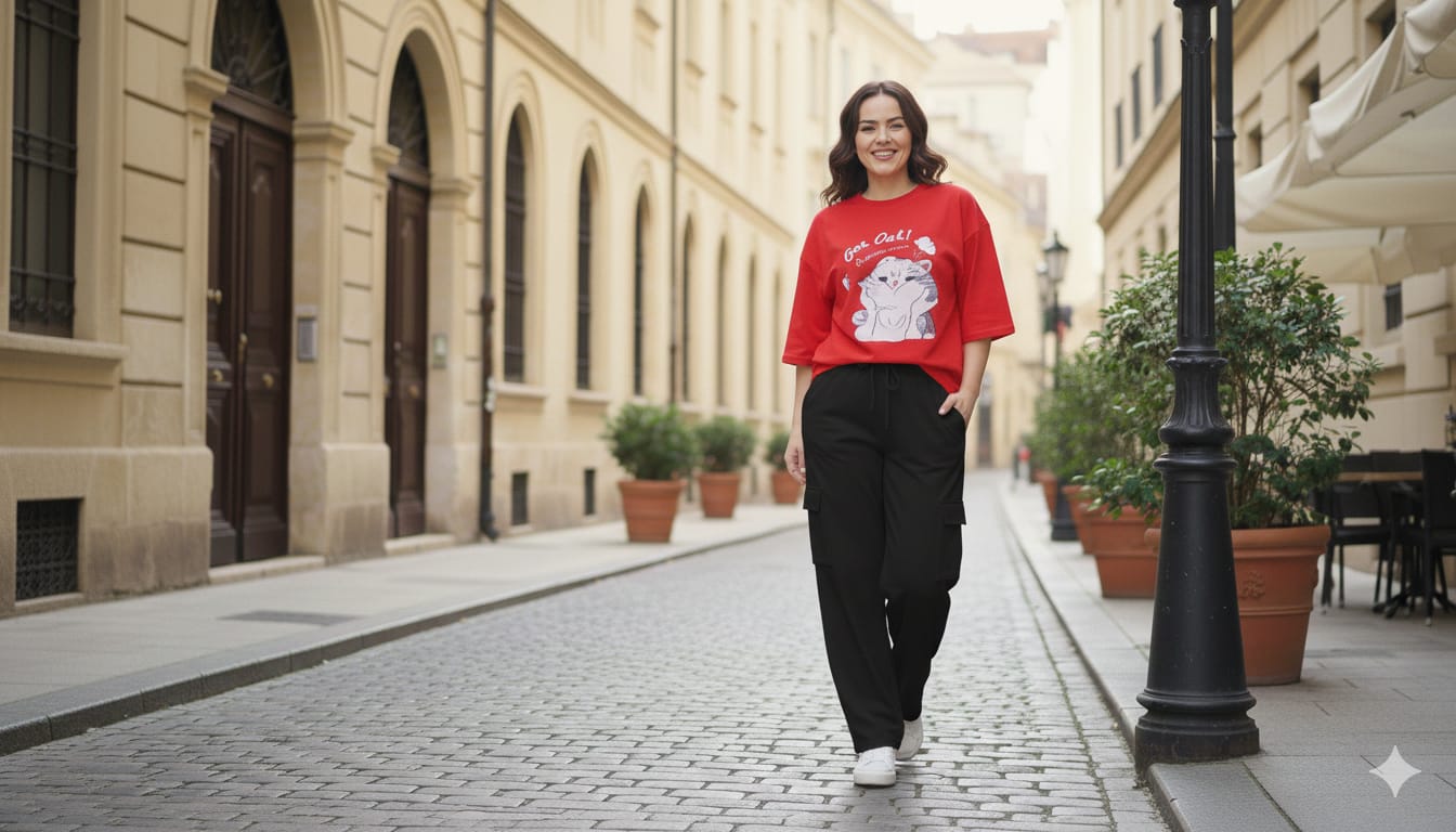 Bold Red Graphic Oversized Tee with Black Wide-Leg Cargo Trouser