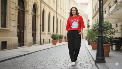 Bold Red Graphic Oversized Tee with Black Wide-Leg Cargo Trouser