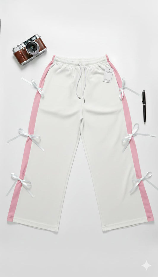 Chic White Wide-Leg Trousers with Side Ribbon Detail
