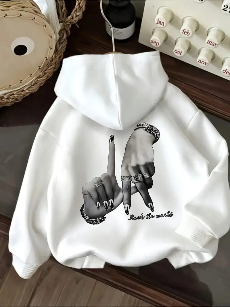 Rock the World Graphic Hoodie – Beige/White/Pink