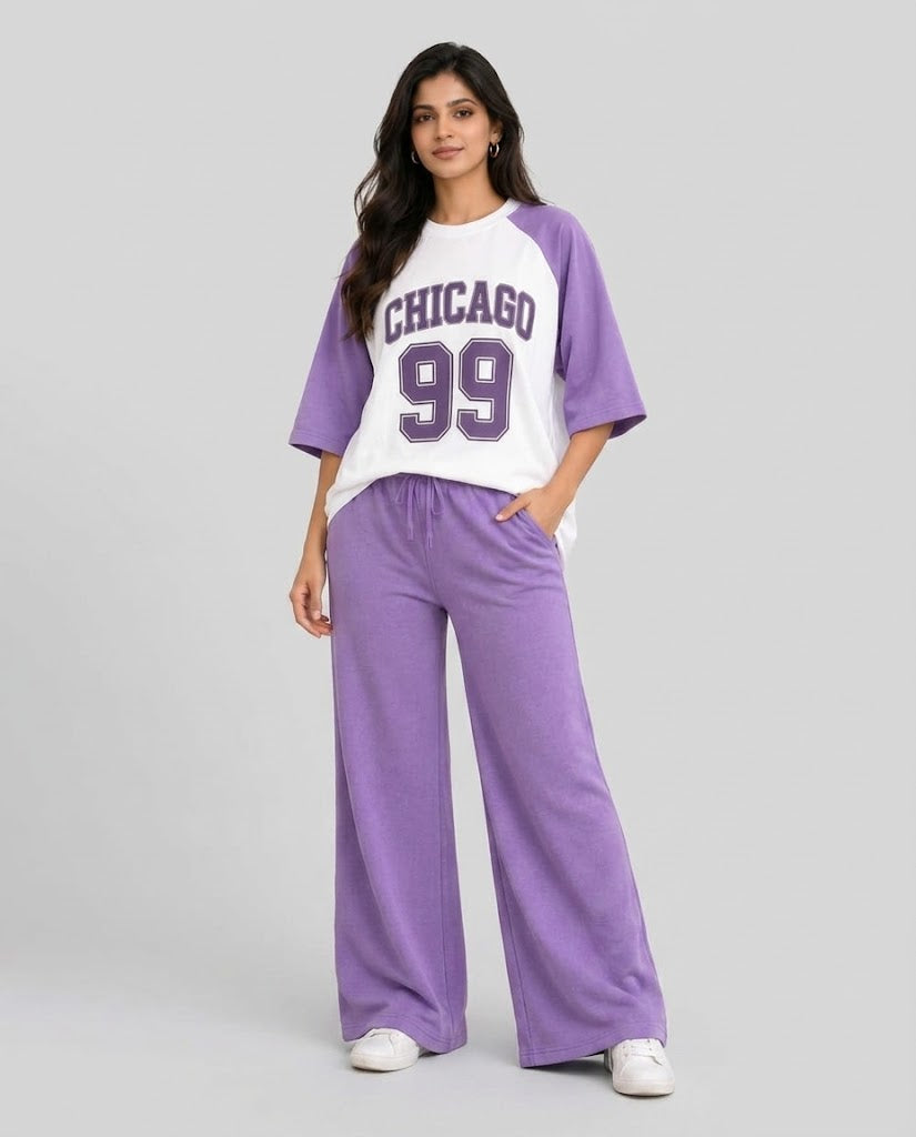 Women's Lilac & White Chicago 99 Printed Raglan T-Shirt and Wide-Leg Drawstring Trouser Two-Piece Set