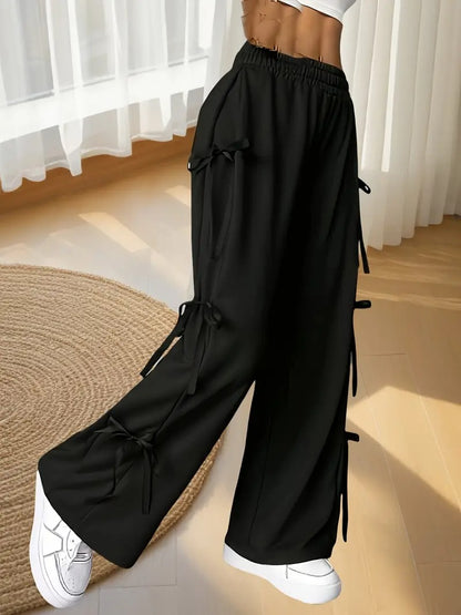 Pack Of 2 - Black Side Tie Wide Leg Baggy Trouser & Beige Piping Wide Leg Trouser