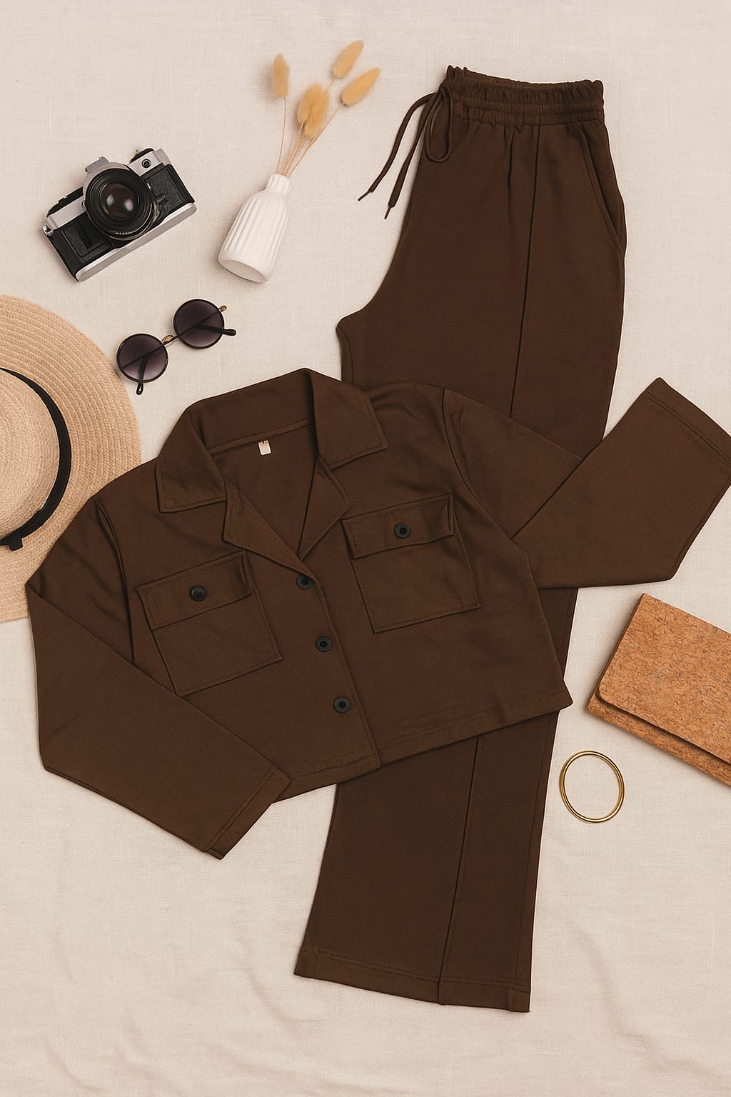 Brown Fleece Button Down Shirt & Wide Leg Trouser Coord Set