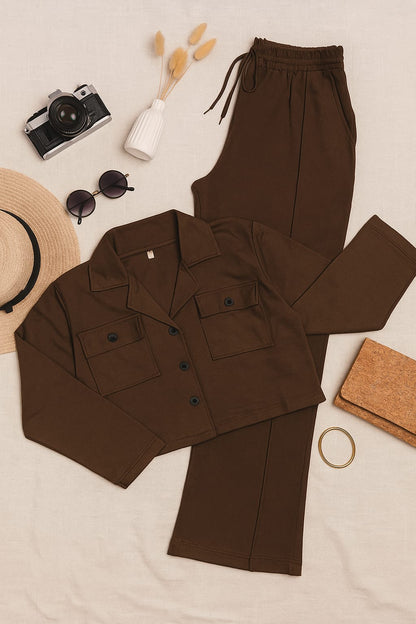 Brown Fleece Button Down Shirt & Wide Leg Trouser Coord Set