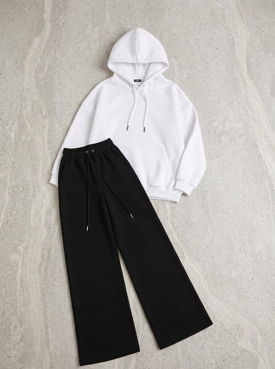 Cozy Ultra-Soft Fleece Hoodie & Black Wide-Leg Baggy Trouser Co-Ord Set