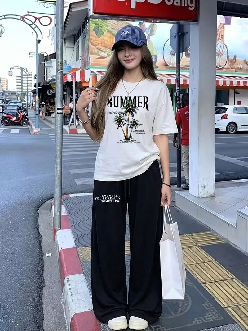 White Summer Passion Oversized Graphic Tee & Black Plain Wide-Leg Trouser Co-Ord Set