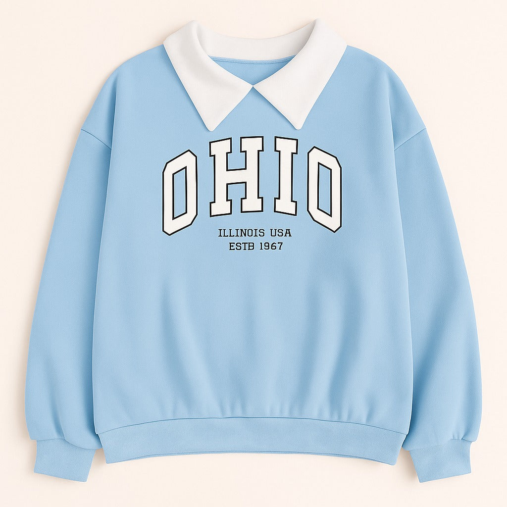 Oversized Sky Blue Sweatshirt with Classic Collar & Ohio Print