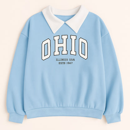 Oversized Sky Blue Sweatshirt with Classic Collar & Ohio Print