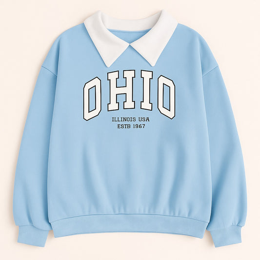 Oversized Sky Blue Sweatshirt with Classic Collar & Ohio Print