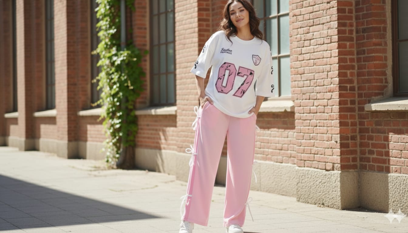 White 07 Graphic Oversized Tee with Pink Side Ribbon Wide-Leg Trousers