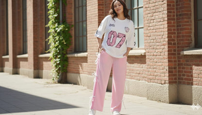 White 07 Graphic Oversized Tee with Pink Side Ribbon Wide-Leg Trousers