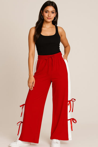 Red Side Bow White Panel Wide Leg Jogger Trouser