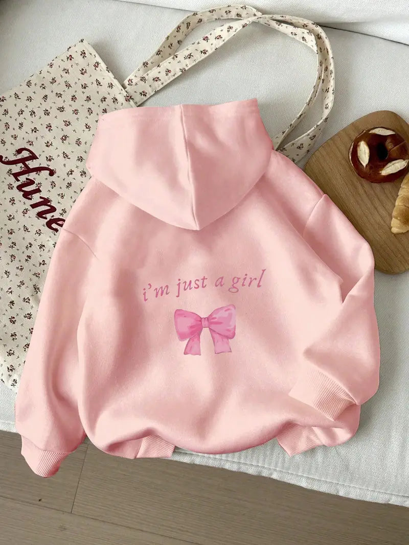 “I’m Just a Girl” Bow Print Hoodie – Soft Aesthetic