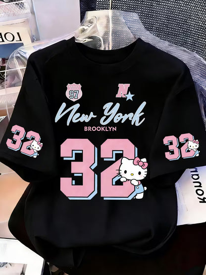 BLACK Women's Graphic 32 Drop Shoulder Oversized Tee – Retro Sports & Hello Kitty Edition
