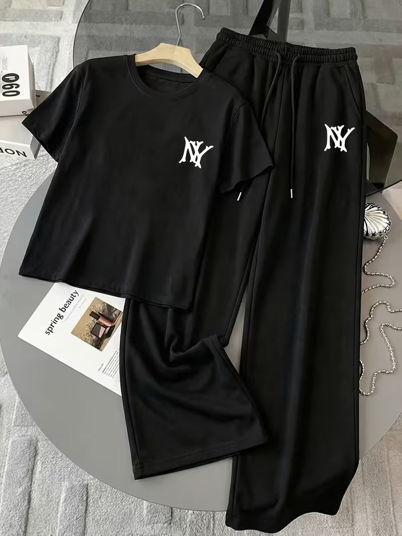 Black "NY" Graphic Printed Oversized Tee & Black Wide-Leg Trouser Co-ord Set