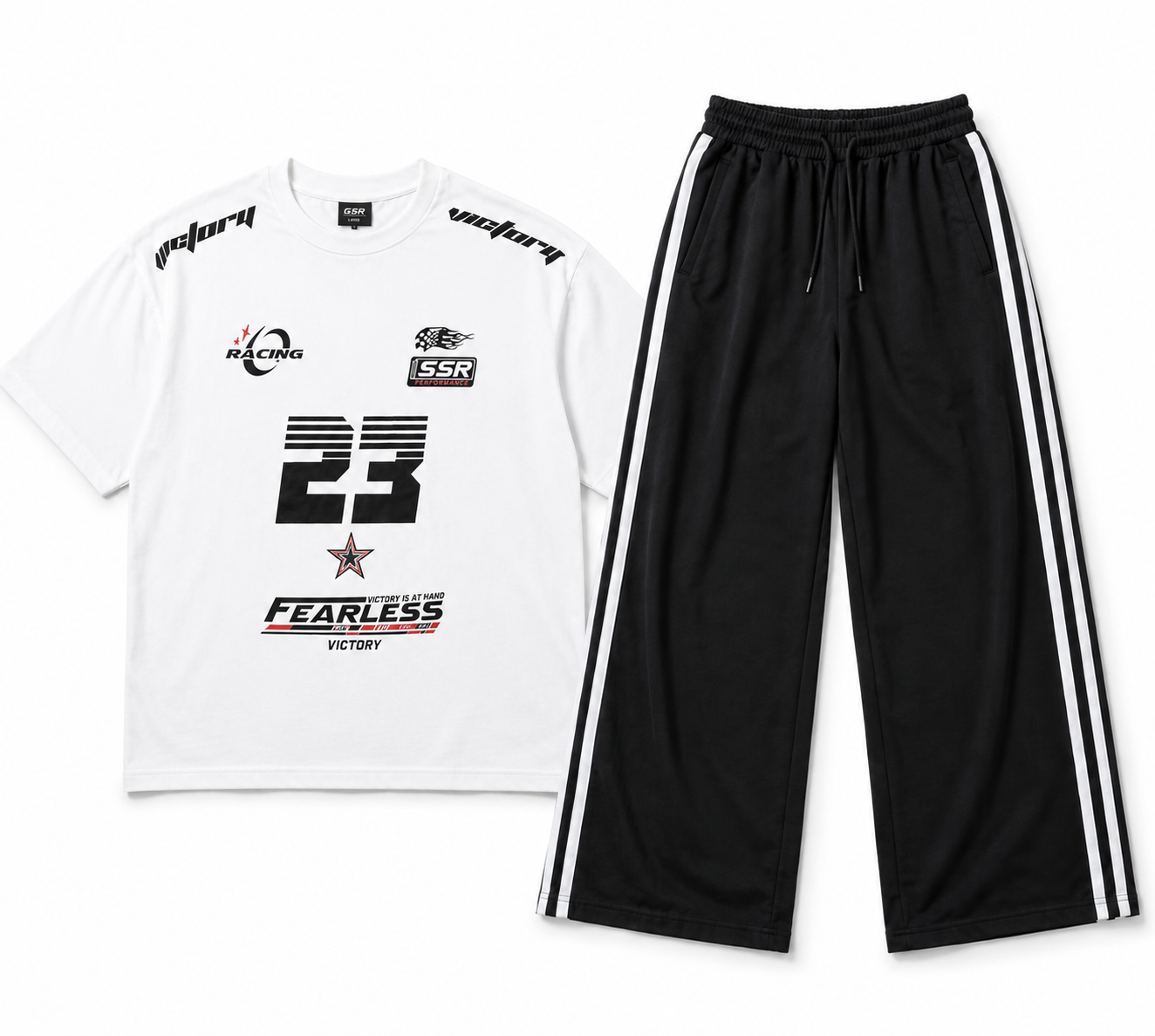White Fearless 23 Racing Graphic Oversized Tee & Black Side-Stripes Wide-Leg Trouser Co-Ord Set