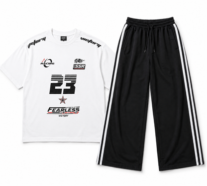 White Fearless 23 Racing Graphic Oversized Tee & Black Side-Stripes Wide-Leg Trouser Co-Ord Set