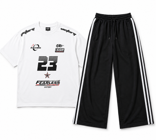 White Fearless 23 Racing Graphic Oversized Tee & Black Side-Stripes Wide-Leg Trouser Co-Ord Set