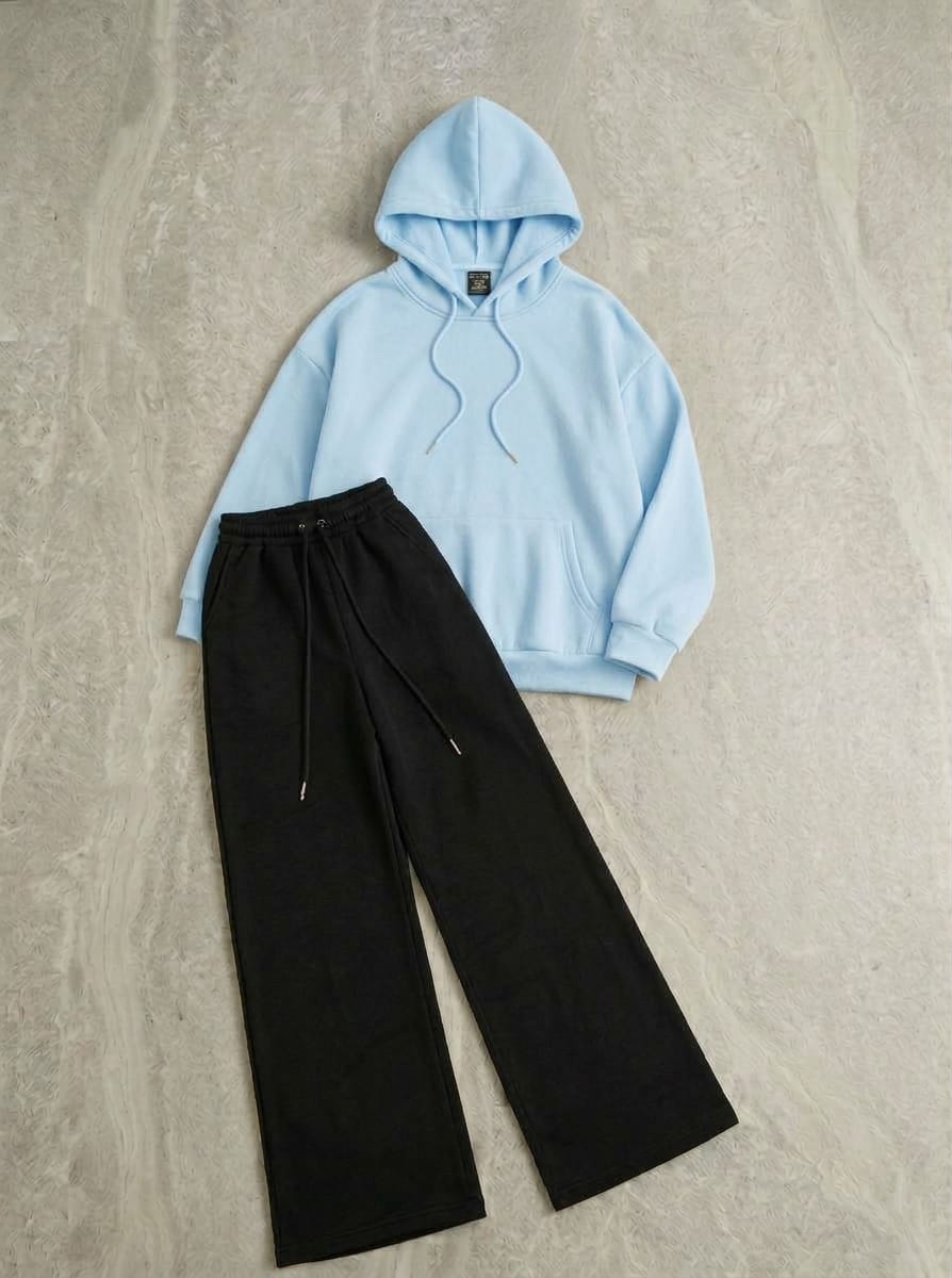 Cozy Ultra-Soft Fleece Hoodie & Black Wide-Leg Baggy Trouser Co-Ord Set
