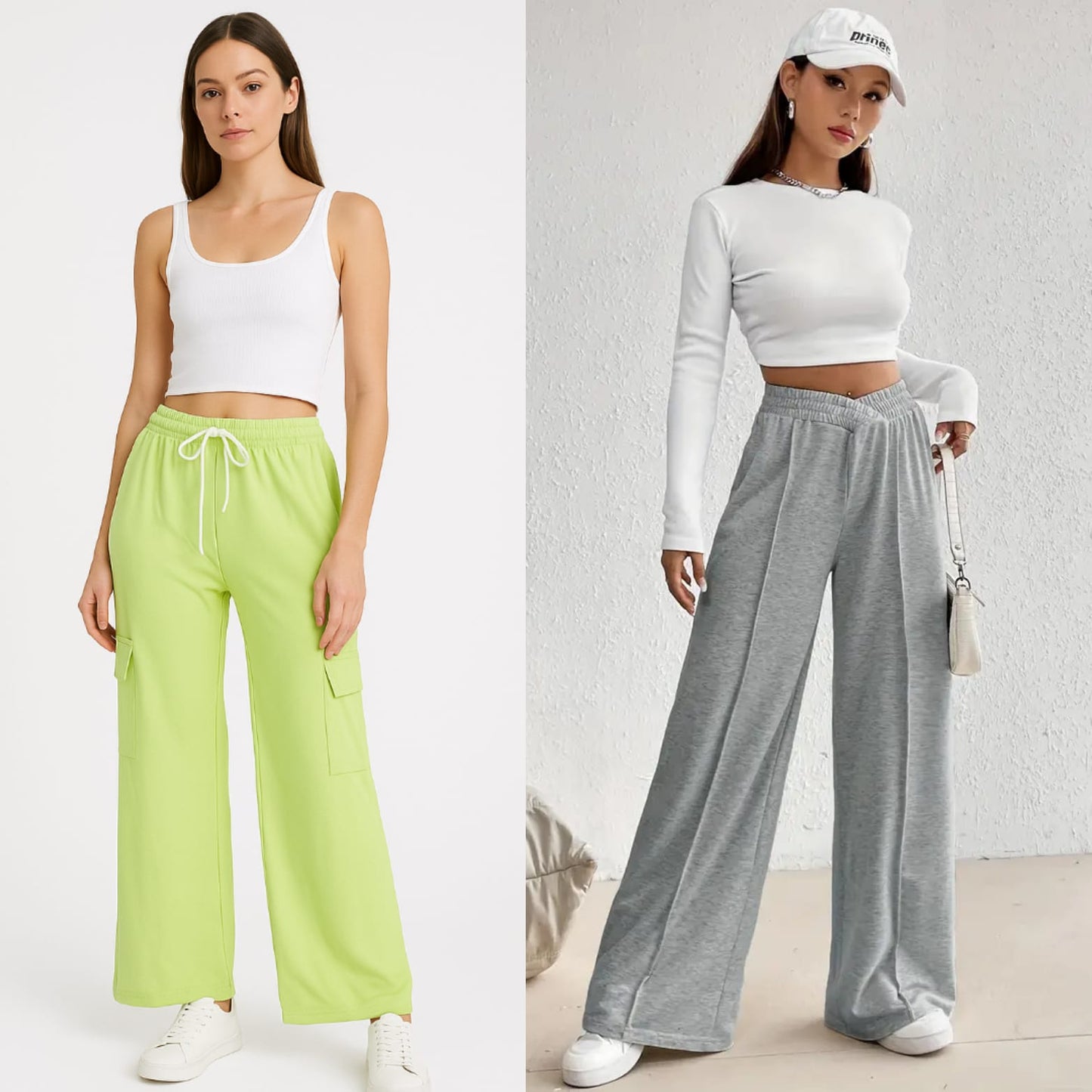 Pack of 2- Lime Green Wide Leg Cargo Trouser & Grey Piping Wide Leg Jogger Trouser For Her