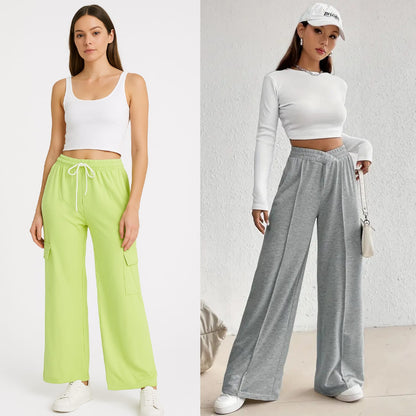 Pack of 2- Lime Green Wide Leg Cargo Trouser & Grey Piping Wide Leg Jogger Trouser For Her