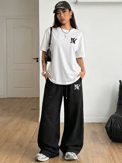 White "NY" Graphic Printed Oversized Tee & Black Wide-Leg Trouser Co-ord Set
